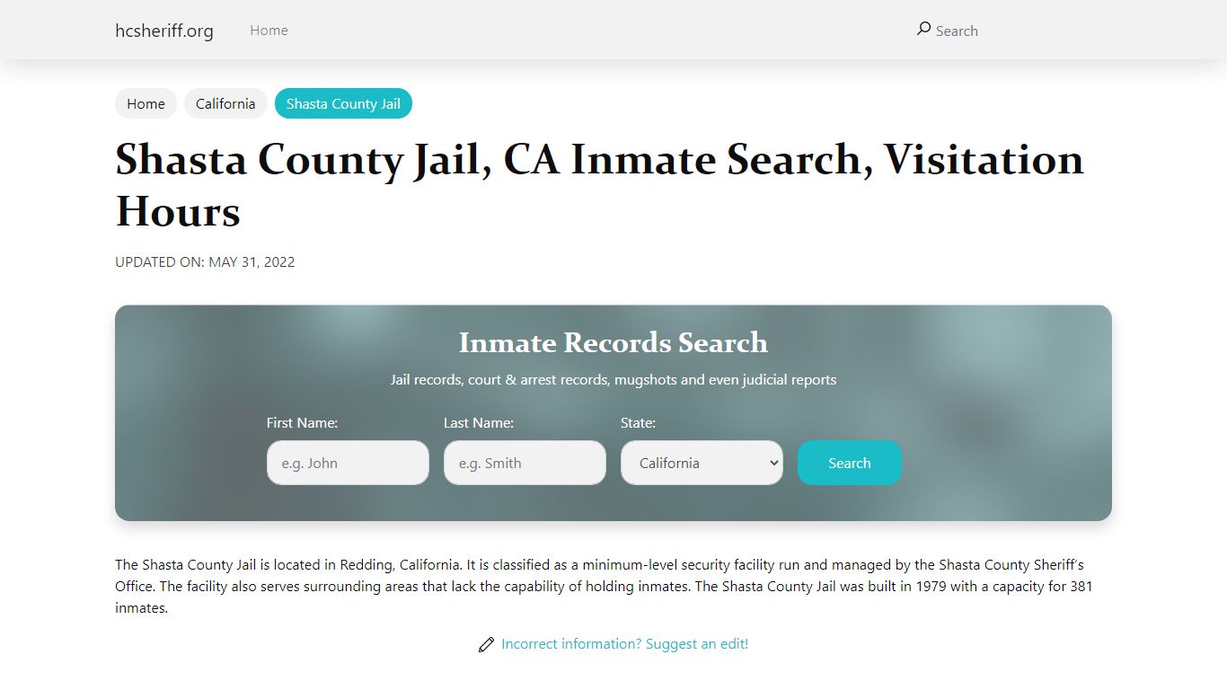 Shasta County Jail, CA Inmate Search, Visitation Hours
